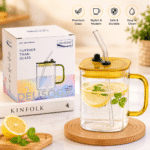 DELISOGA 490ml Borosilicate Glass Mug with Lid & Straw