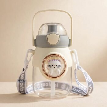 Cute Cat Kids Straw Water Bottle with Shoulder Strap - 800 ml